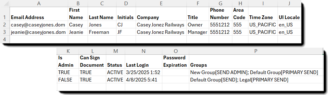 Esempio di file CSV dall’opzione Scarica il report utente che mostra tutti i campi inclusi.