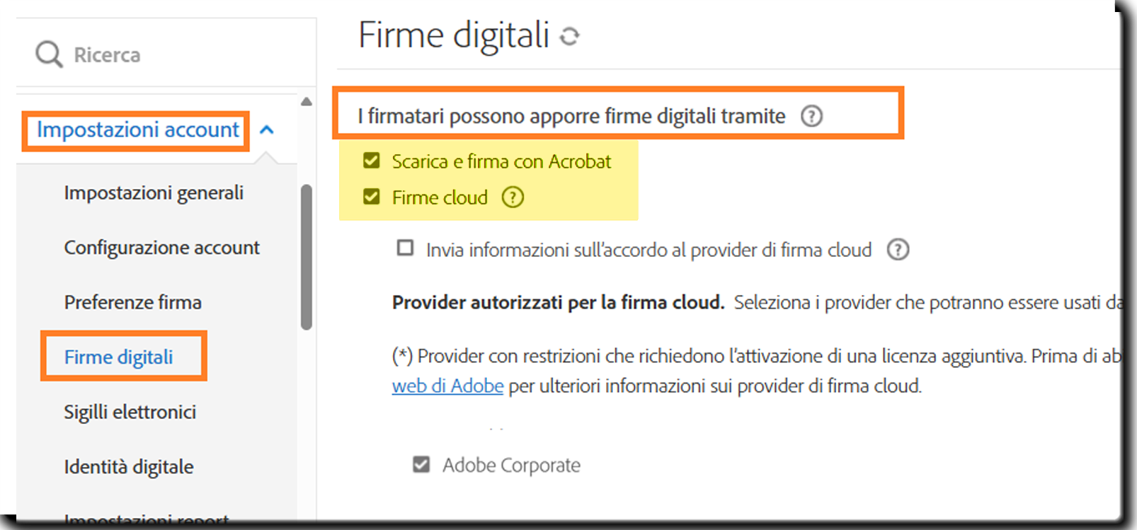 digital_sign_option Sezione Firme digitali del menu di amministrazione in cui sono evidenziati i controlli “I firmatari possono apporre firme digitali tramite”.
