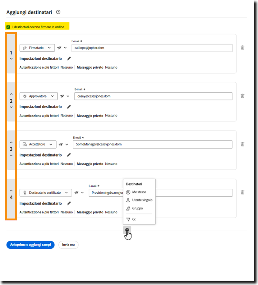 Configurazione della firma parallela nella pagina Invia con il controllo “I destinatari devono firmare in ordine” abilitato ed evidenziato e i numeri indice dei destinatari identificati.