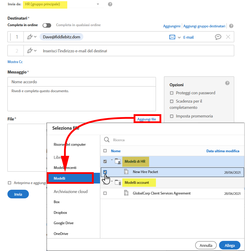 Aggiunta di un documento libreria a un accordo