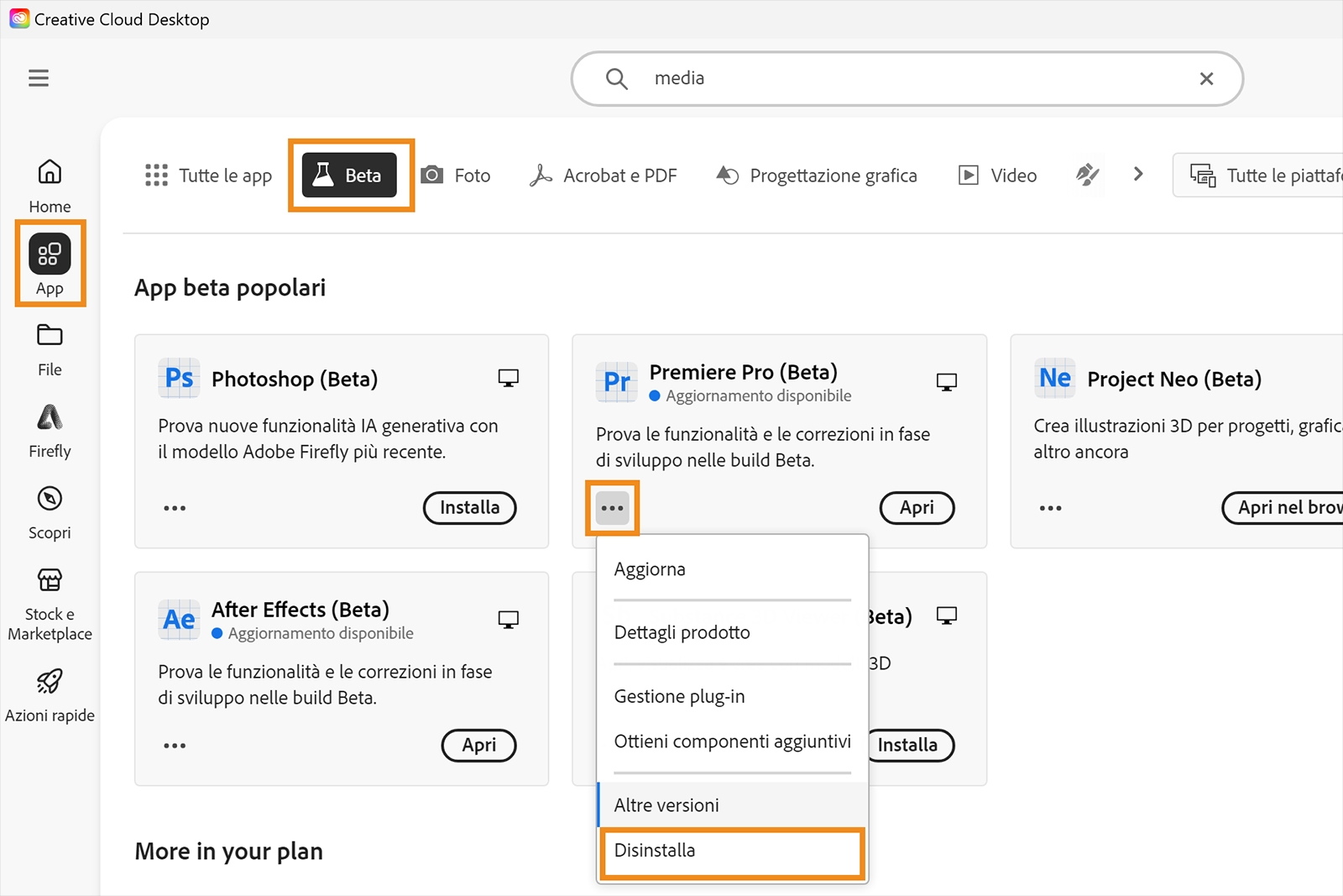 L’app Creative Cloud è aperta e le opzioni App, Beta e Disinstalla sono evidenziate. Seleziona Disinstalla nell’app Beta che desideri eliminare.