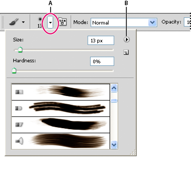 ブラシポップアップパネルの表示 Photoshop のブラシポップアップパネルの表示