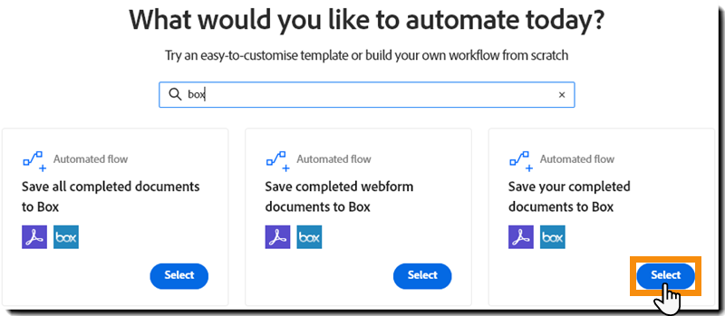 検索結果と「開始」ボタンがハイライト表示されたワークフローの作成ページ