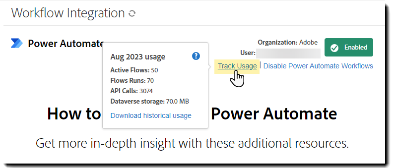사용 추적 링크가 강조 표시되고 사용 팝업이 표시된 Power Automate 페이지