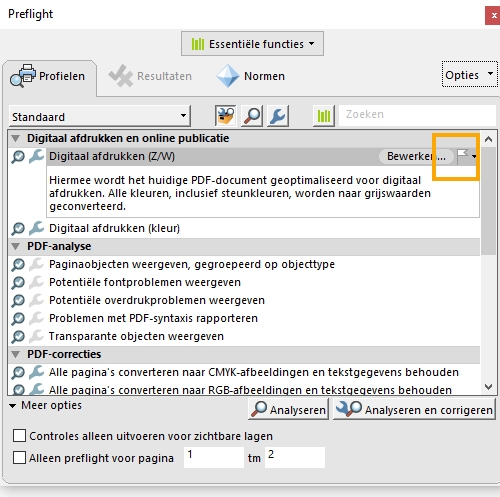 Een enkelvoudige correctie instellen als favoriet Het dialoogvenster Preflight wordt weergegeven en de markeringsoptie is gemarkeerd