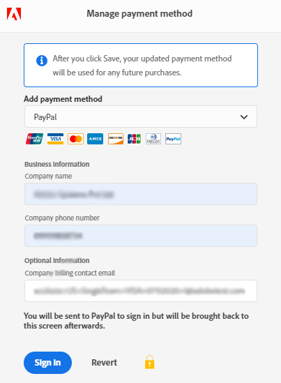 Dialoogvenster Betalingsmethode beheren met PayPal geselecteerd als betalingsmethode.