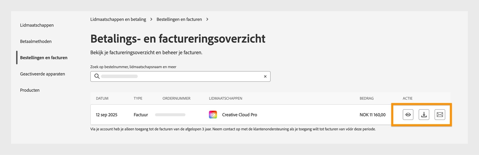 Het venster Factuur- en factureringshistorie, waar de pictogrammen voor bekijken, downloaden en e-mailen, beschikbaar onder Actie, zijn gemarkeerd.