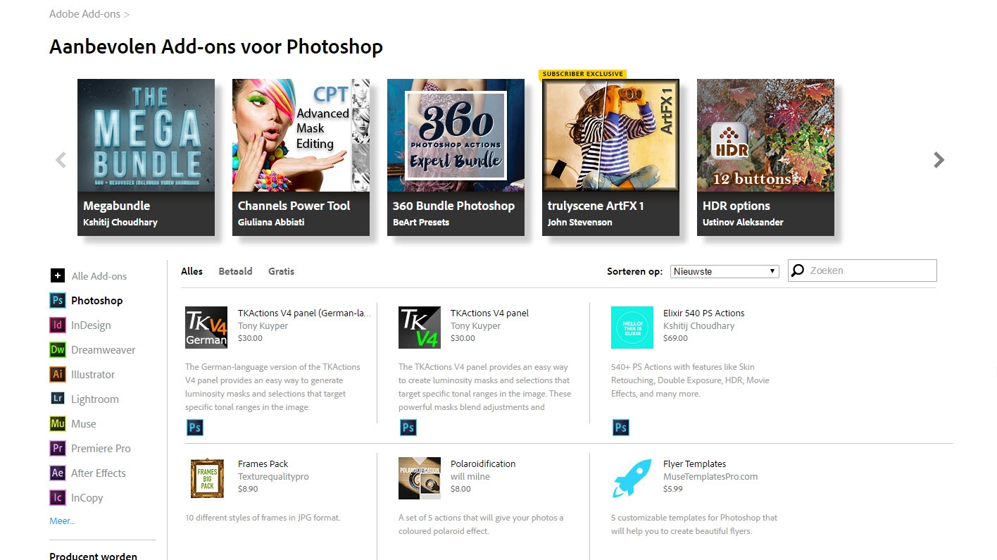 De pagina Adobe add-ons