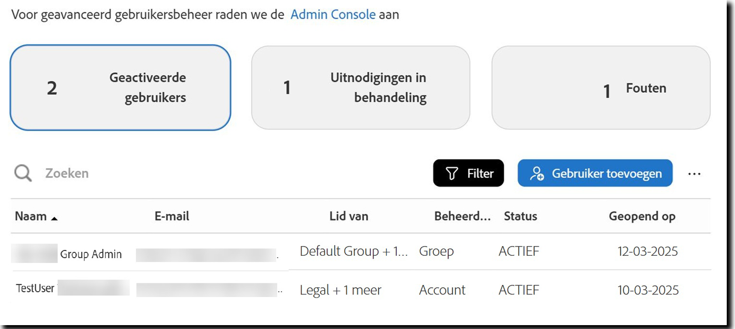 De pagina Gebruikers met de weergave Actieve gebruikers