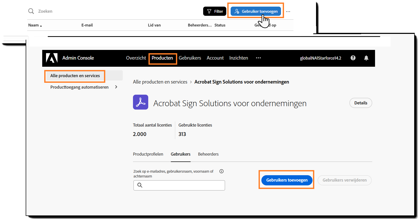 De pagina Gebruikers met de XXX gemarkeerd