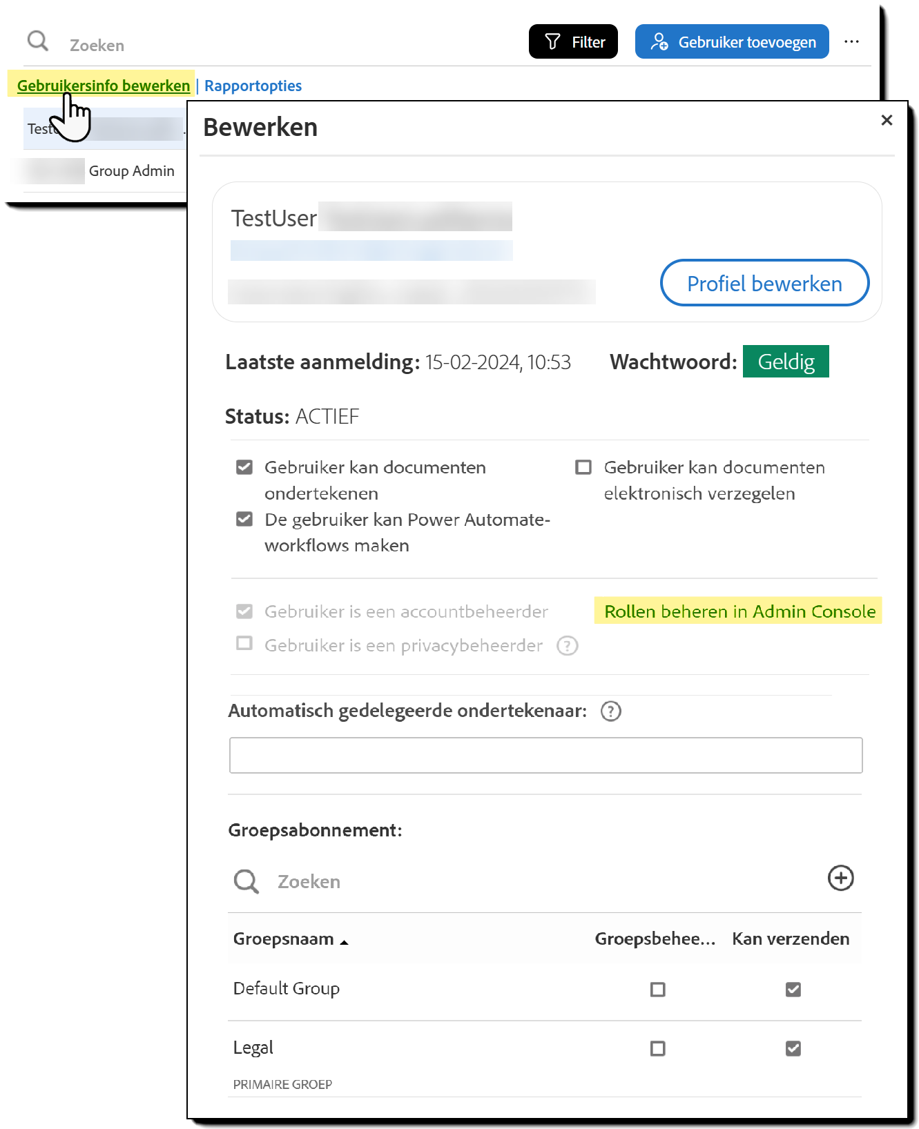 De pagina Gebruikers met de koppeling Gebruikersgegevens bewerken gemarkeerd