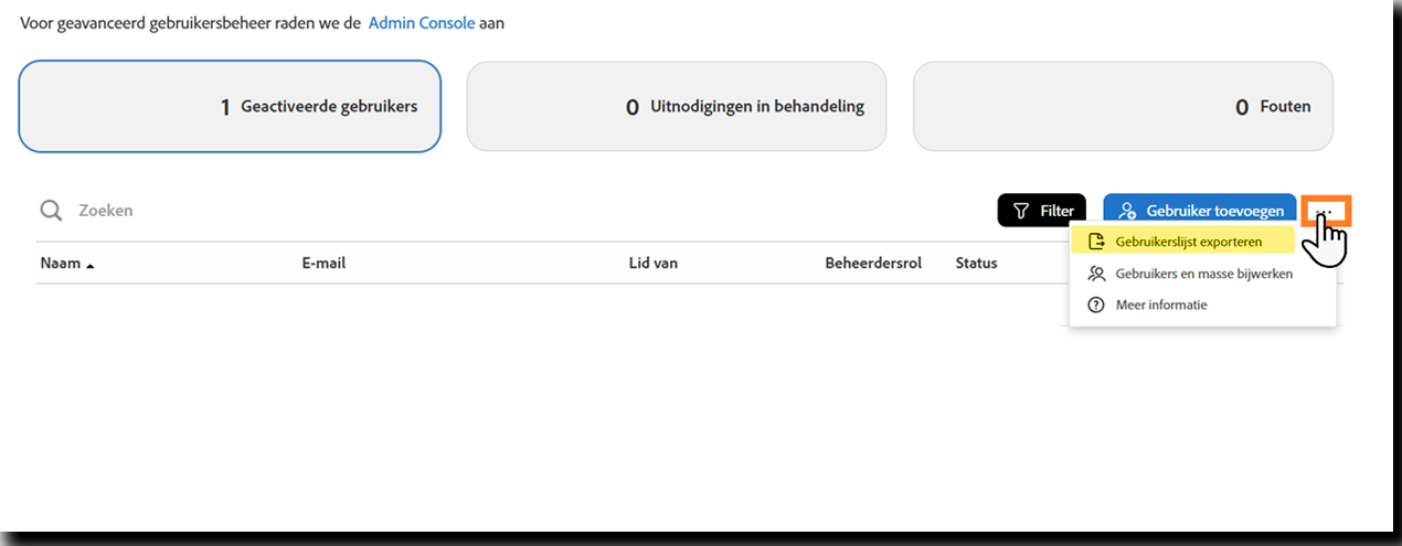 De pagina Gebruikers met de optie Gebruikerslijst exporteren gemarkeerd