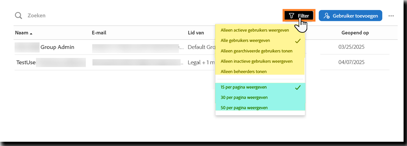 De pagina Gebruikers met het zoekveld gemarkeerd