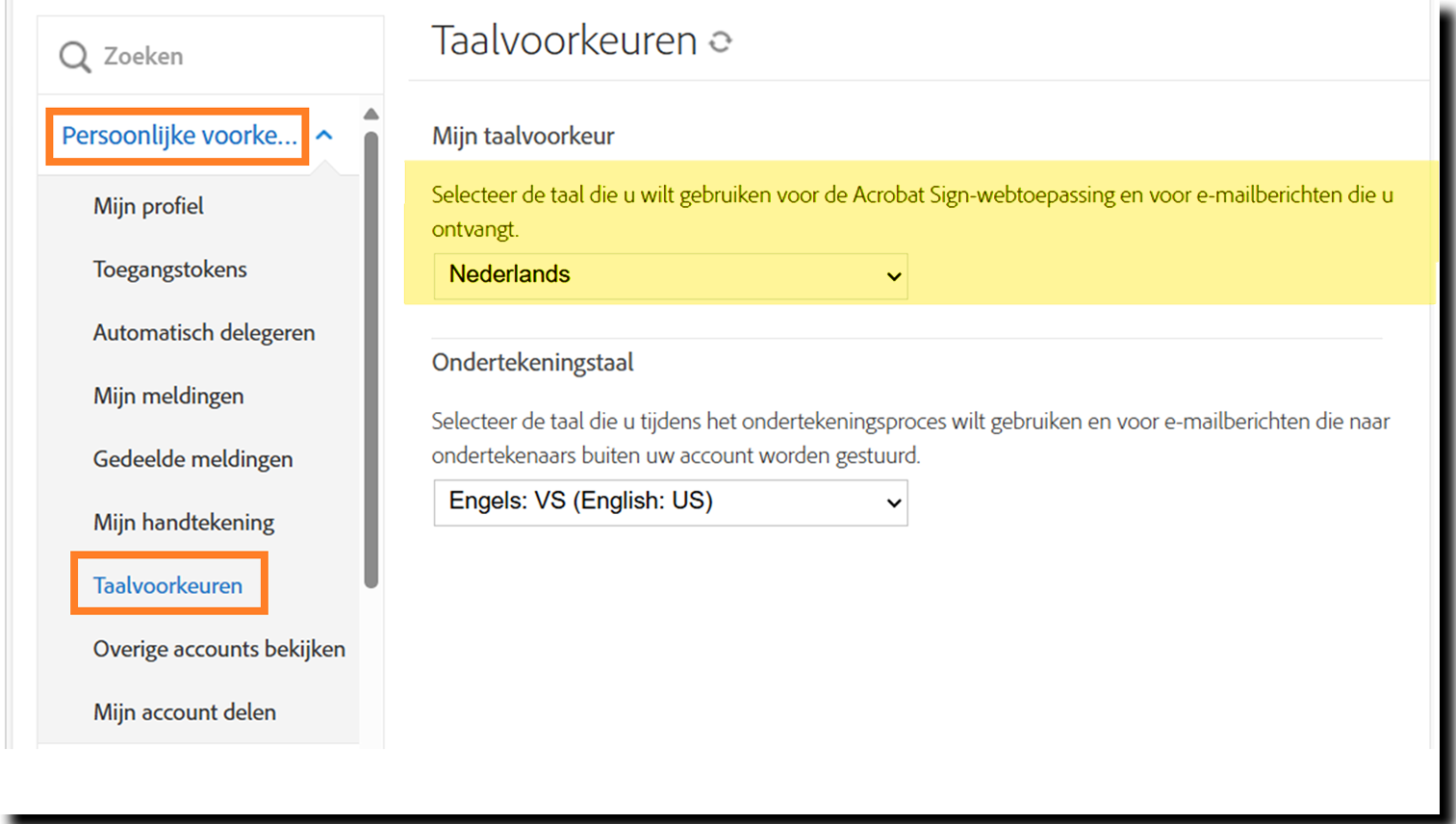 locale_settings Menu Persoonlijke gebruikersvoorkeuren met het veld Taalvoorkeuren gemarkeerd