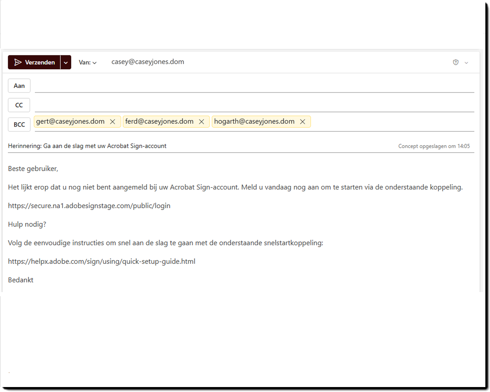 Voorbeeld van de e-mailsjabloon voor uitnodigingen in behandeling met drie gebruikers-e-mails in het BCC-veld