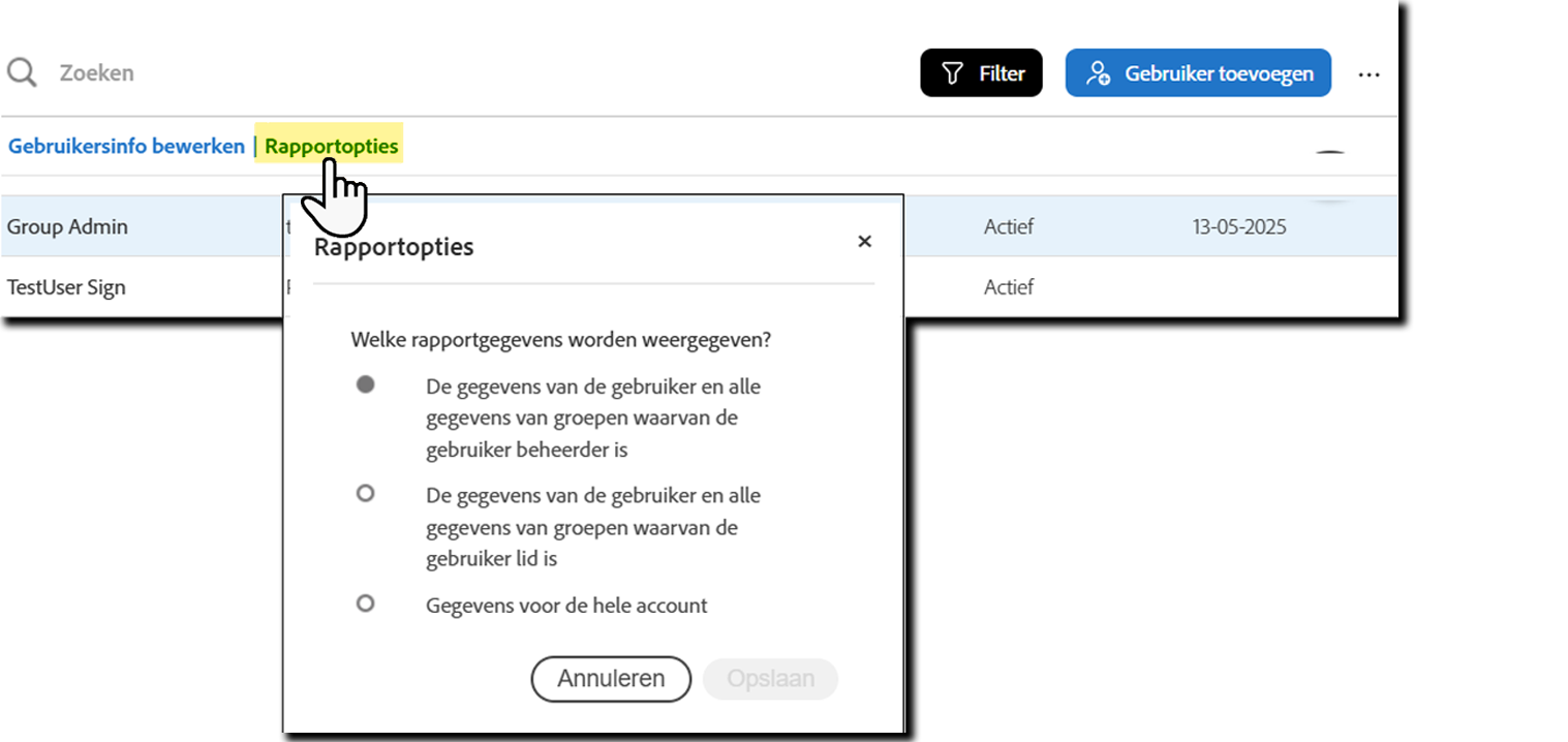 De uitgebreide gebruikersacties met rapportopties gemarkeerd.