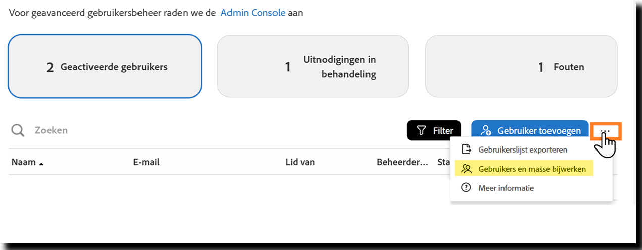 De pagina Gebruikers met de optie Gebruikers in bulk in bijwerken gemarkeerd