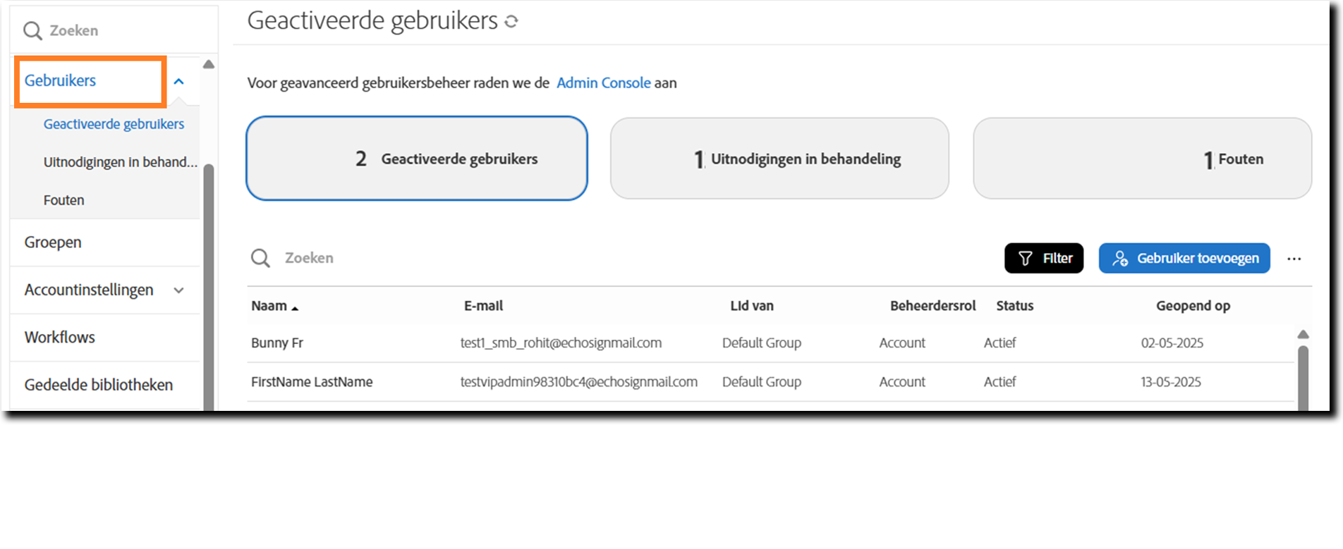 De pagina Gebruikers met de weergave Actieve gebruikers