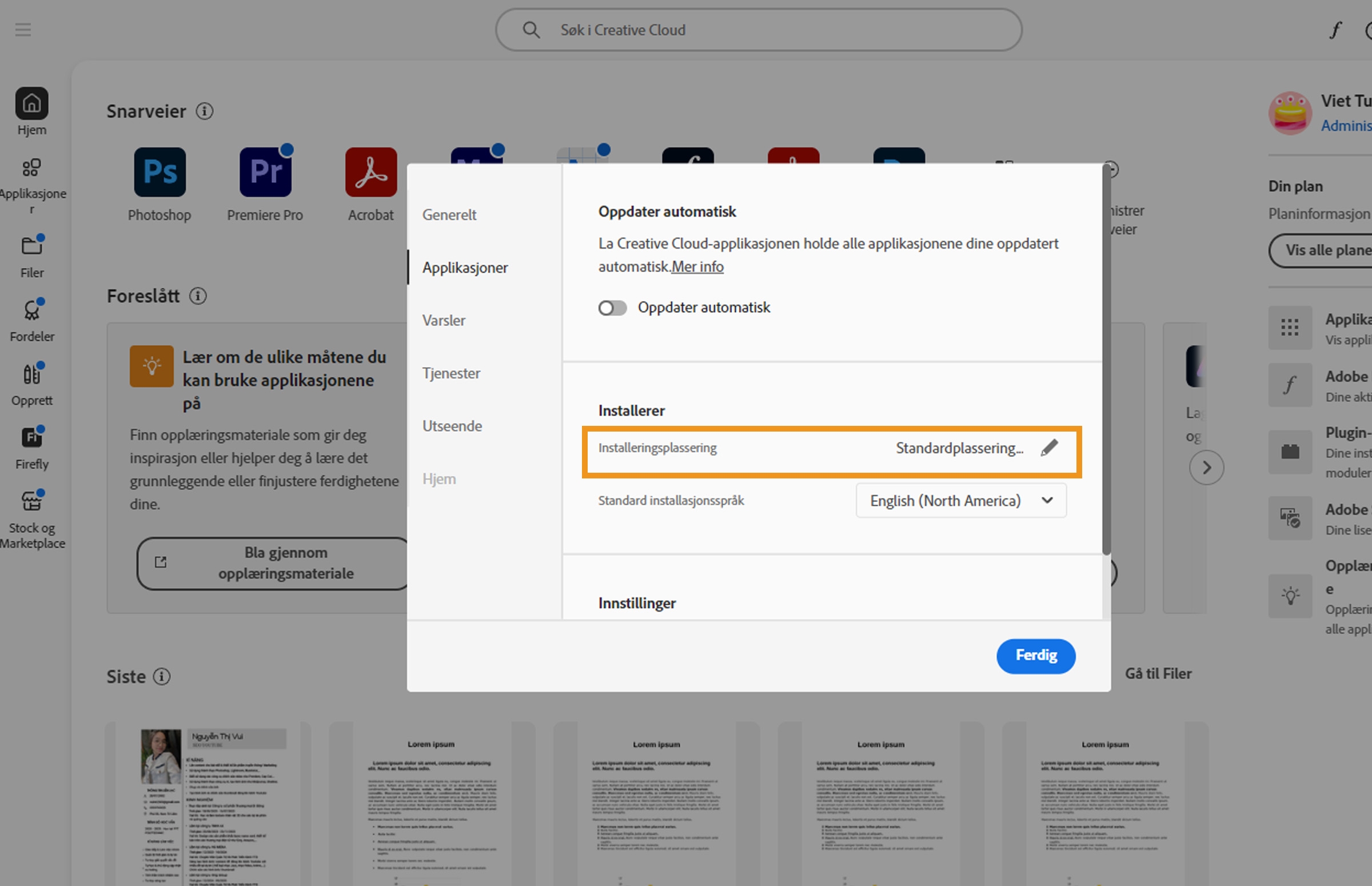 Adobe Creative Cloud-preferansepanelet åpnes i «Apper»-fanen, og «Installerer»-delen er uthevet der brukerne kan angi standard installasjonssted.