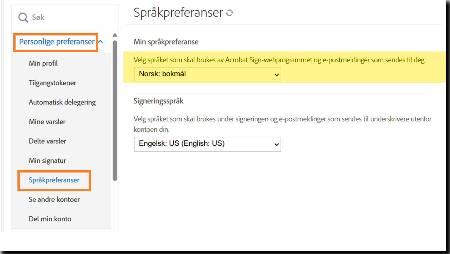 lokale_innstillinger Personlige preferanser-menyen med Språkvalg-feltet uthevet