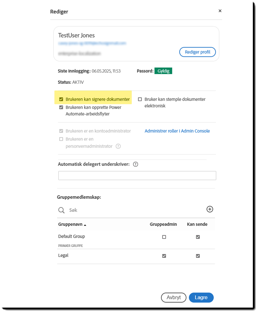 rediger_-_kan_signere Brukerprofil med alternativet Bruker kan signere uthevet