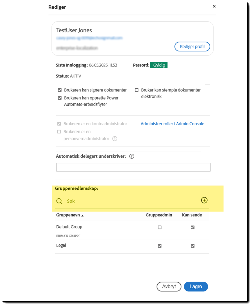 rediger_-_grupper Brukerprofil med brukergruppene uthevet