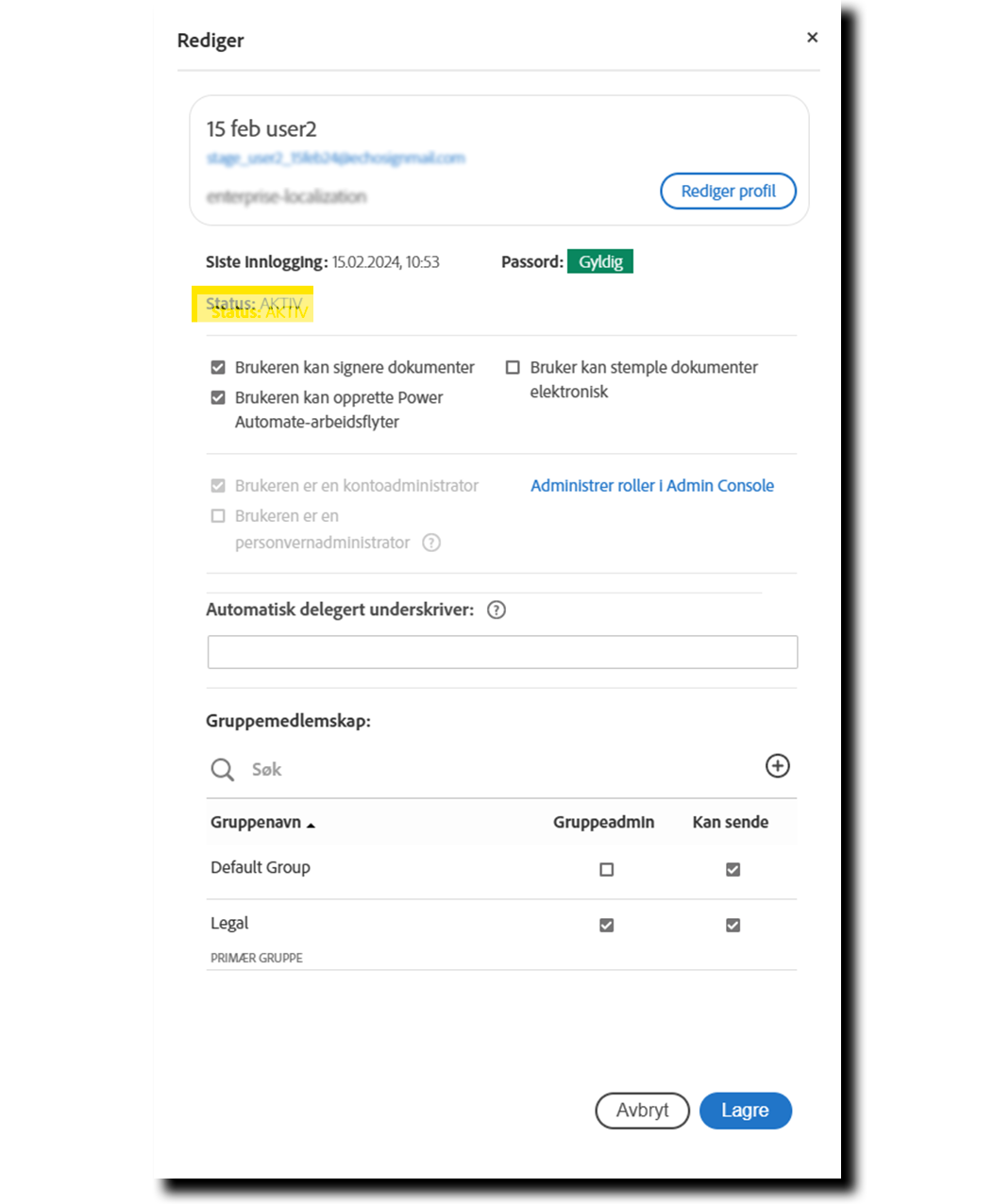 rediger_-_status Brukerprofil med brukerstatus uthevet