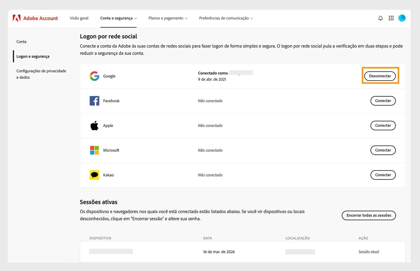 O botão Desconectar, disponível no lado direito da tela em Fazer logon social, permite que você desconecte suas contas de mídia social da sua conta da Adobe.