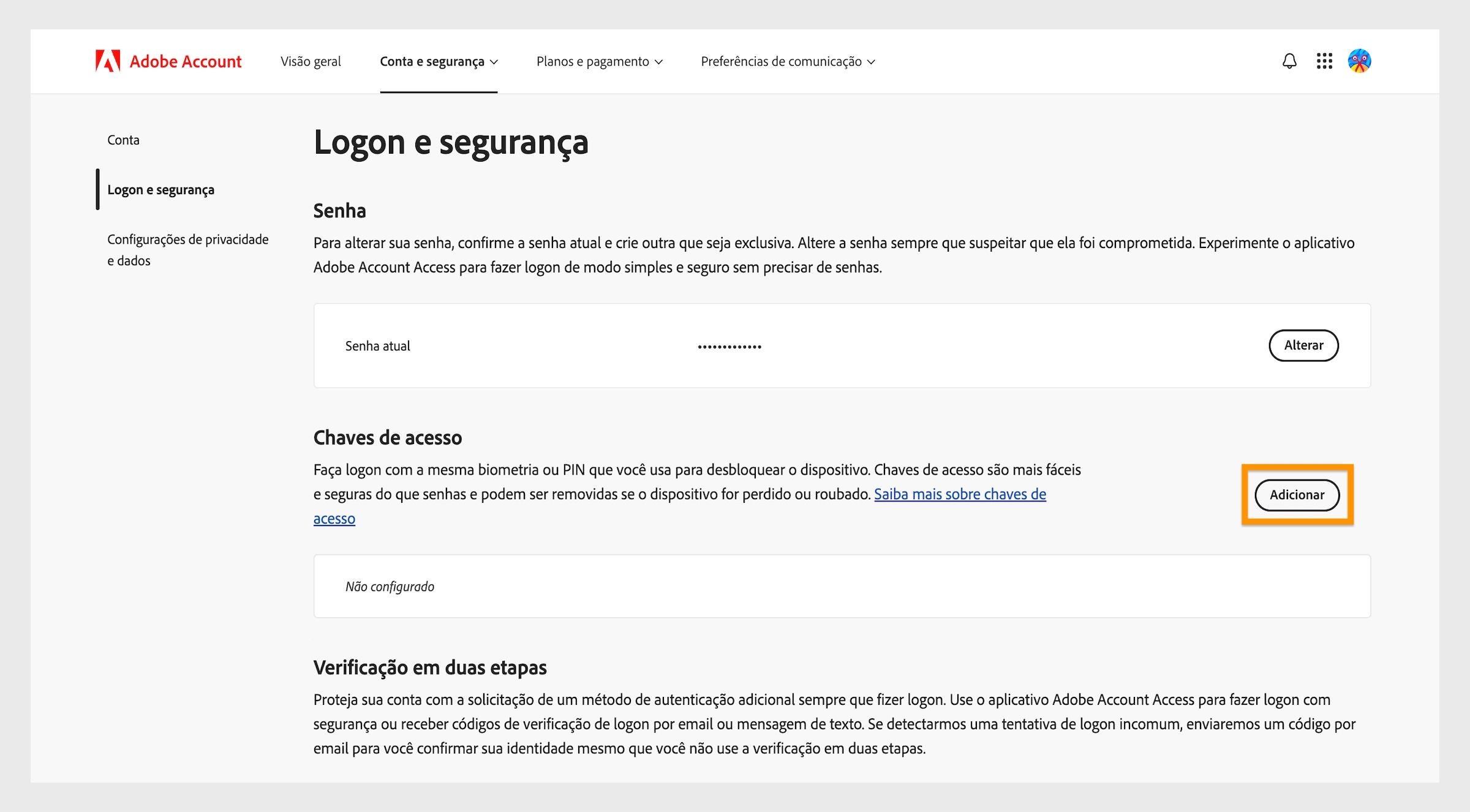 O botão Adicionar, localizado na seção Chaves de acesso no lado direito da página, oferece a opção de configurar uma chave de acesso para fazer logon na sua conta da Adobe.