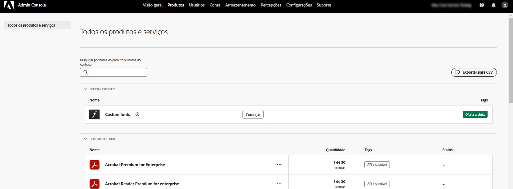 Atribua licenças do Acrobat Premium aos usuários do Acrobat e do Acrobat Reader. A página do Admin Console do Acrobat exibe as licenças do Acrobat Premium para empresas e do Acrobat Reader Premium para empresas.