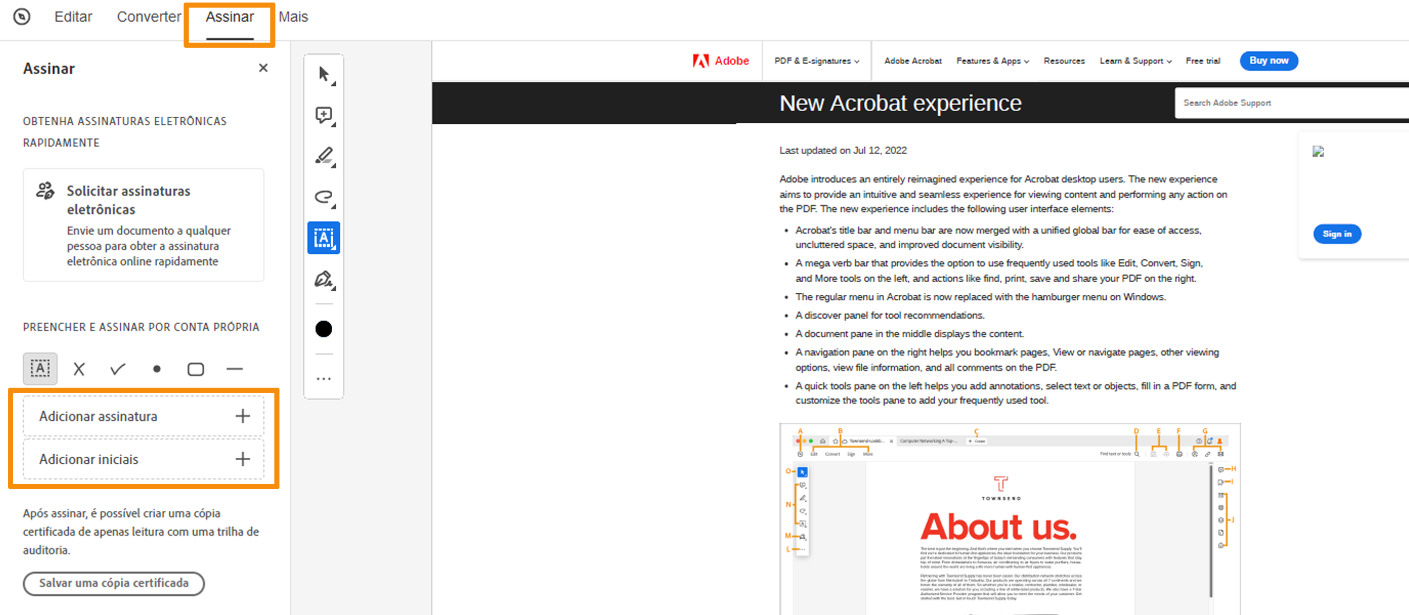 Adicionar assinatura ou iniciais