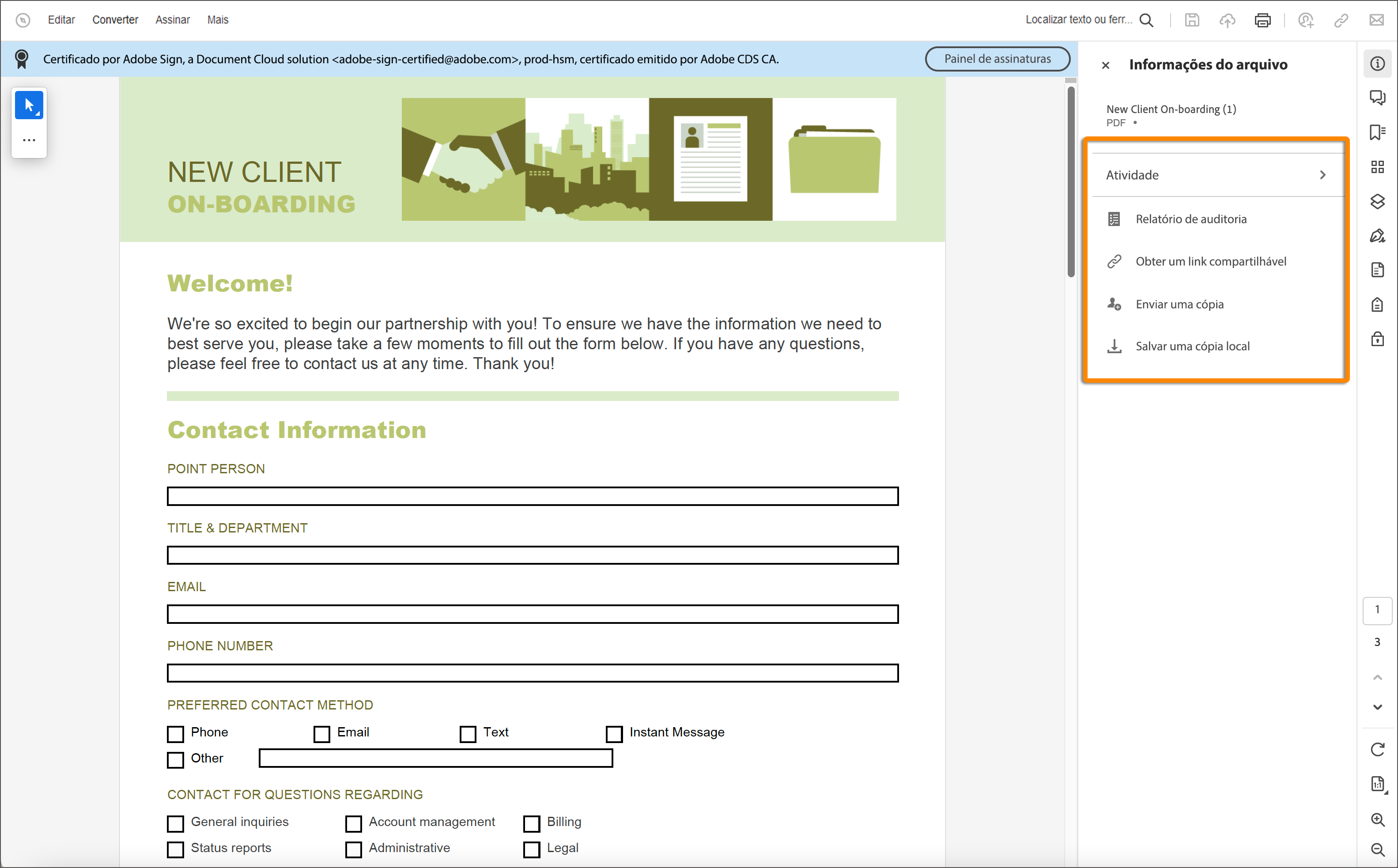 Ações em um arquivo certificado