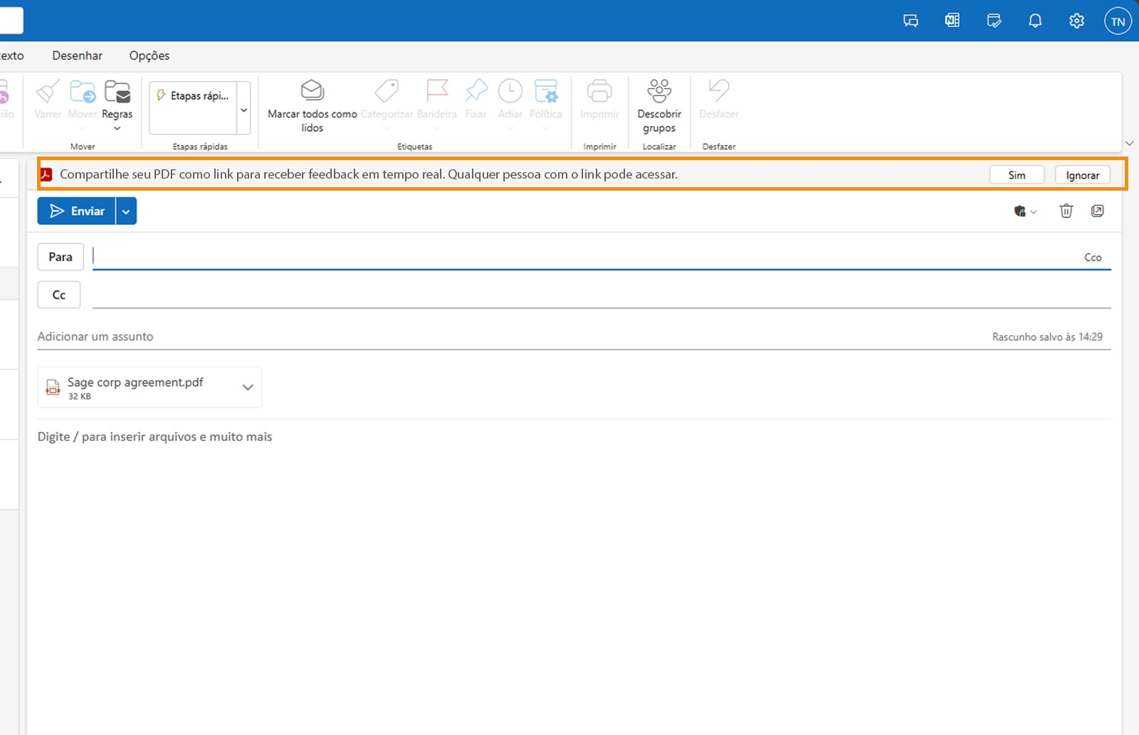 teams-outlook-8 O rascunho de email do Outlook com um PDF em anexo exibe uma mensagem que pede aos usuários que compartilhem o PDF como um link.
