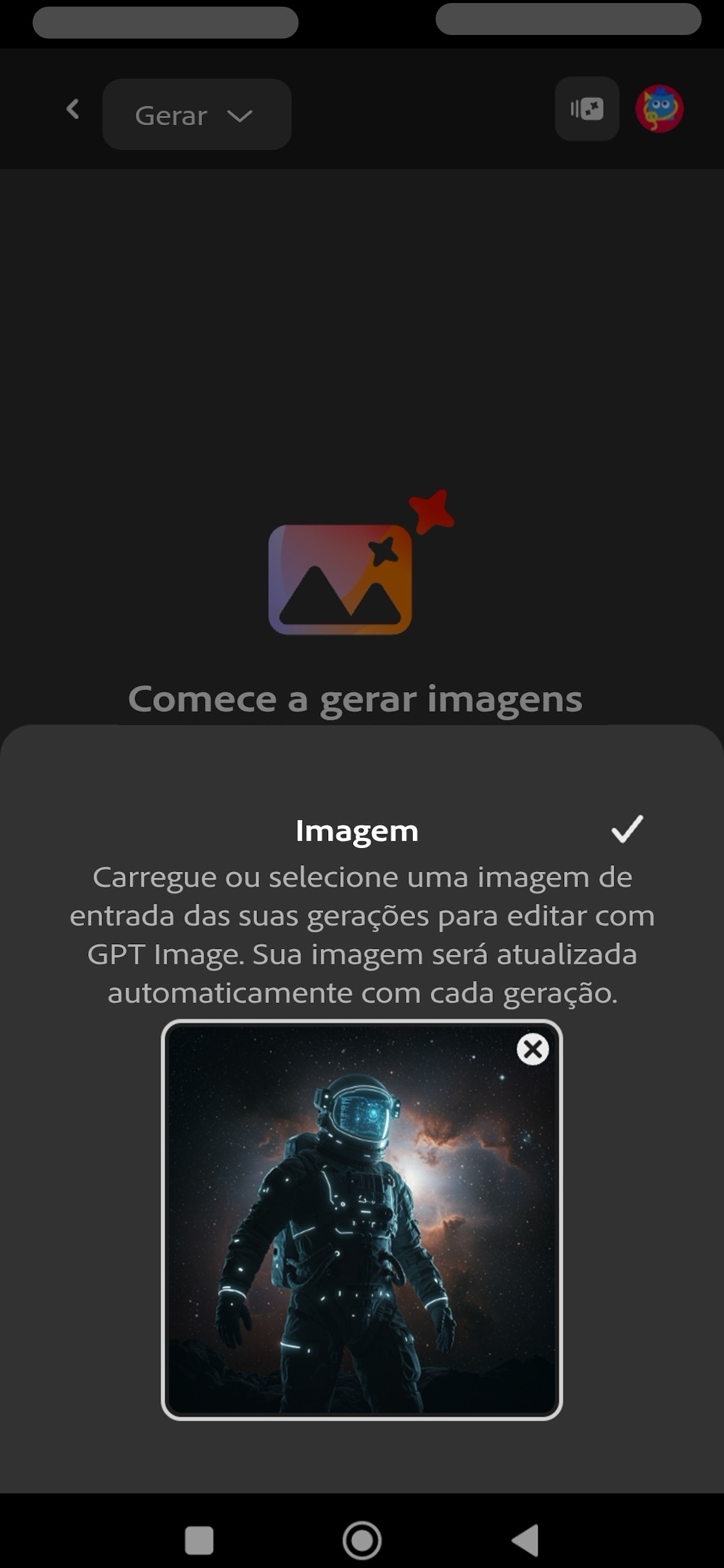A opção Imagem está selecionada para a geração de imagem usando o modelo GPT Image. Há uma imagem de um astronauta adicionada como imagem de referência.