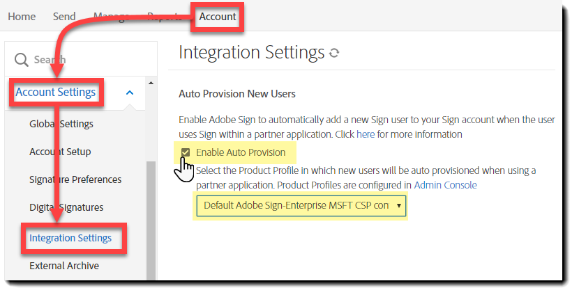 Ativar o Provisionamento automático no aplicativo da Web do Sign