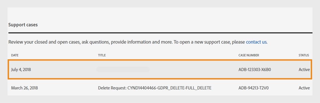 Sidan Support-händelser visar dina supportärenden, datum för skapande, titel, ärendenummer och status.