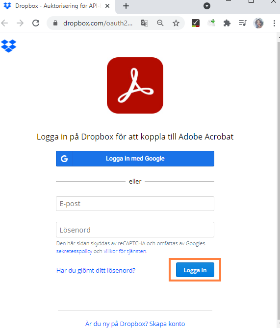 Logga in på Dropbox