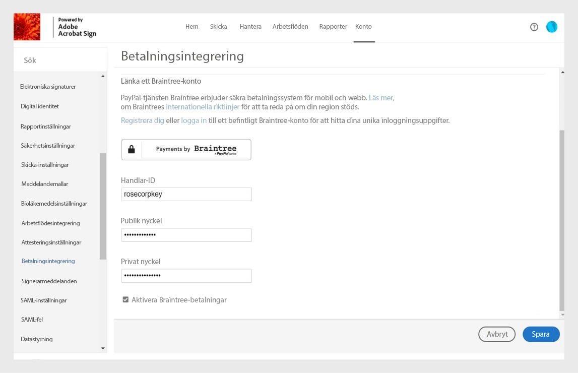 Sidan för betalningsintegrering i Acrobat Sign visar alternativ för att tillhandahålla och spara den nya säljarinformationen för att uppdatera insamlingen för onlinebetalning.