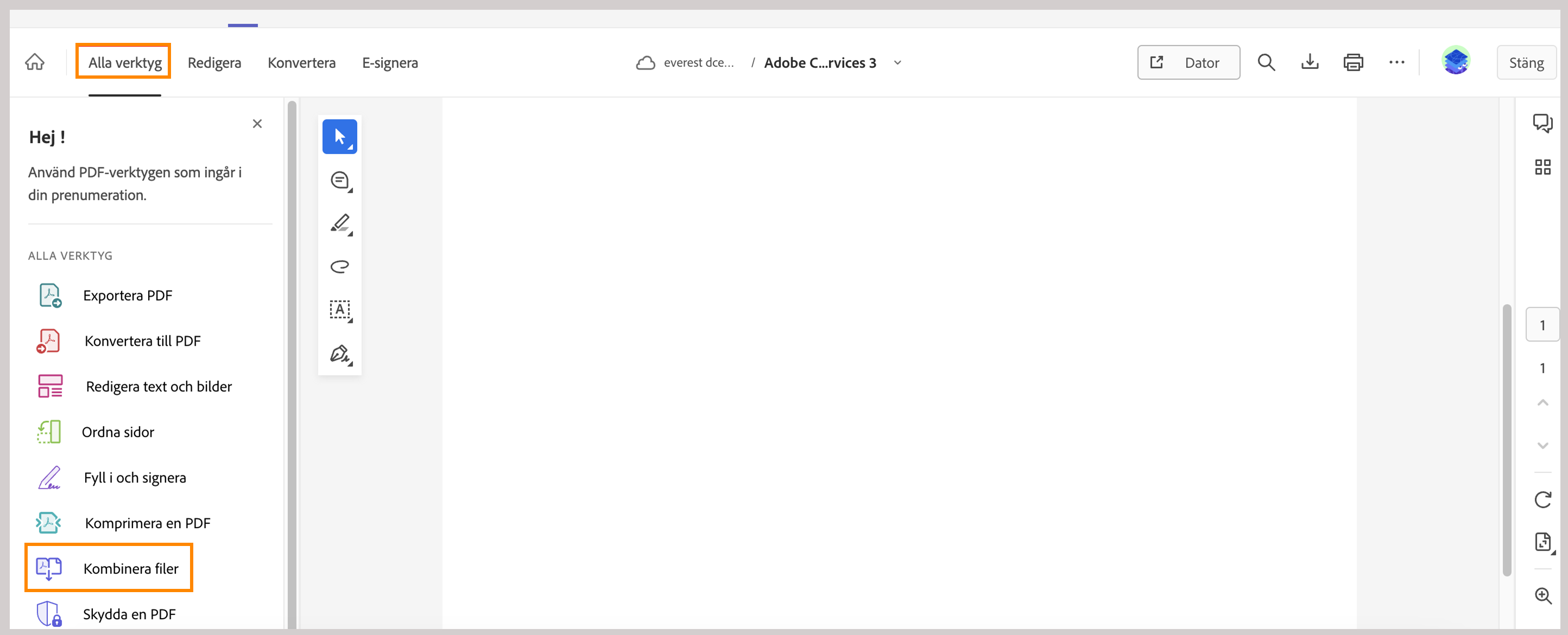 Kominera filer från Document Cloud-vyn