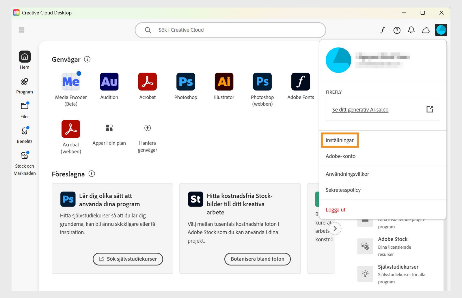 Kontomenyikonen i det övre högra hörnet av Creative Cloud-programmet ger alternativet att välja programinställningar.