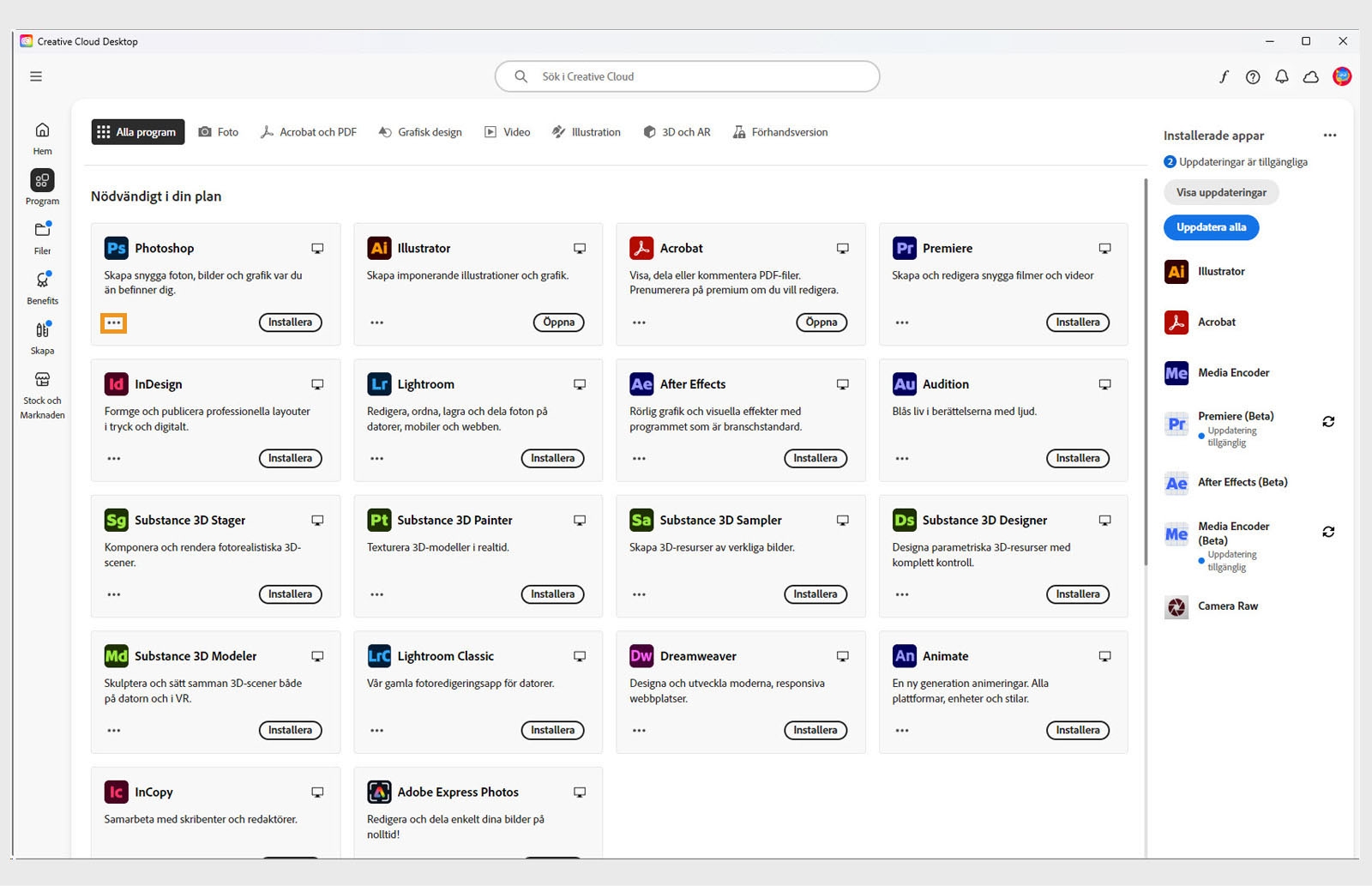 Ikonen för Fler åtgärder som finns i det nedre vänstra hörnet av programrutan ger möjlighet att hämta äldre versioner av programmet. 