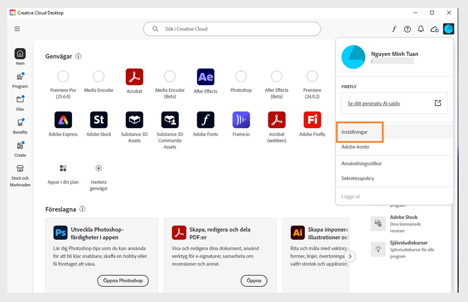 Startskärmen för Creative Cloud-programmet visar kontots rullgardinsmeny med alternativet att Logga ut. 