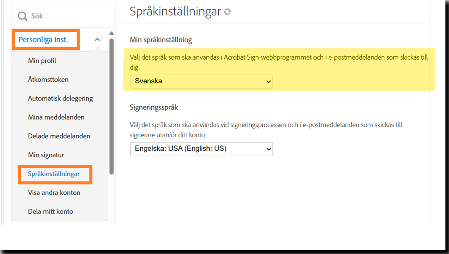 locale_settings Användarmenyn Personliga inställningar med fältet Språkinställningar markerat