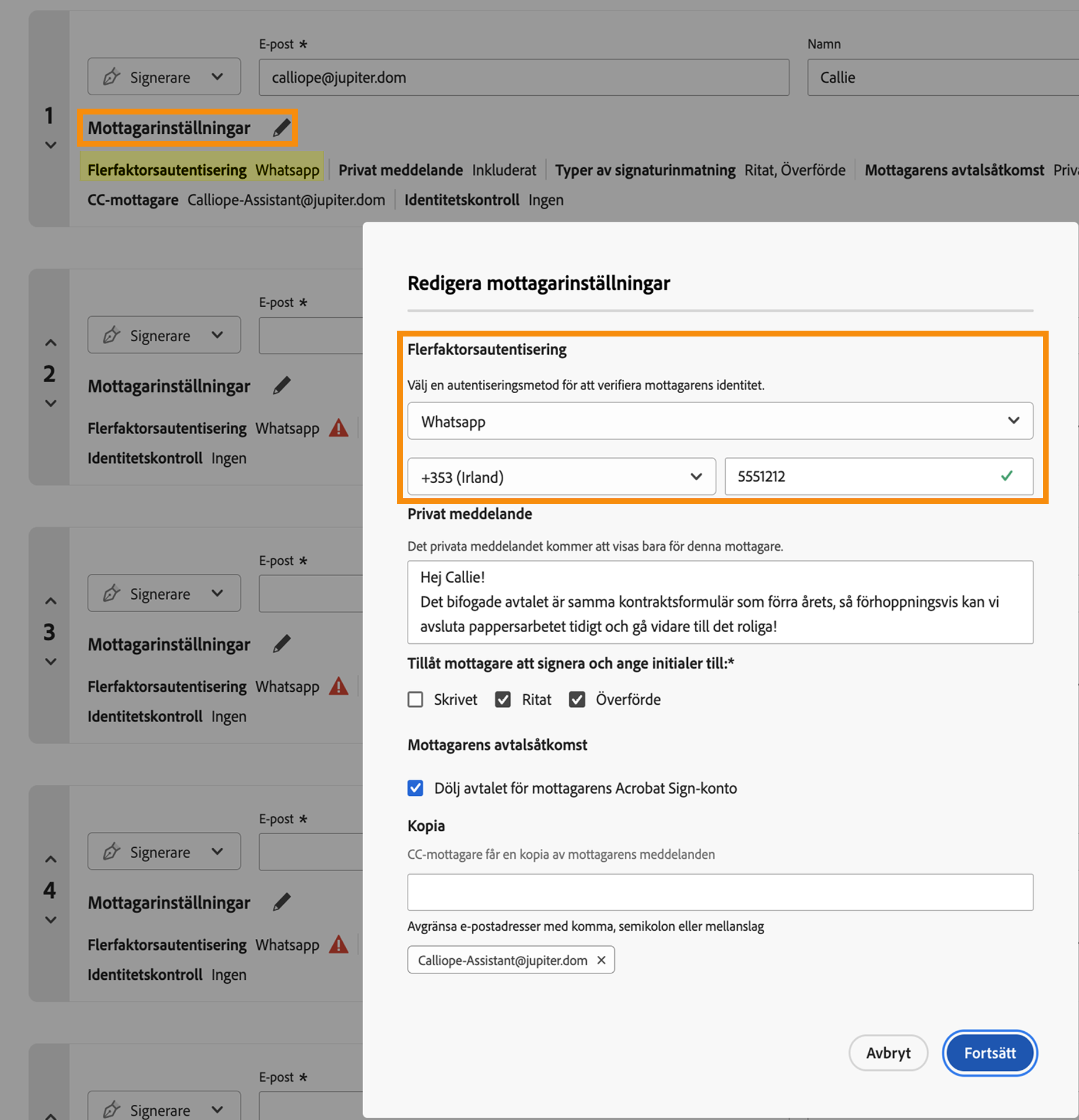 Alternativet ”Mottagarinställningar” öppnades med ”Multifaktorautentisering” expanderat