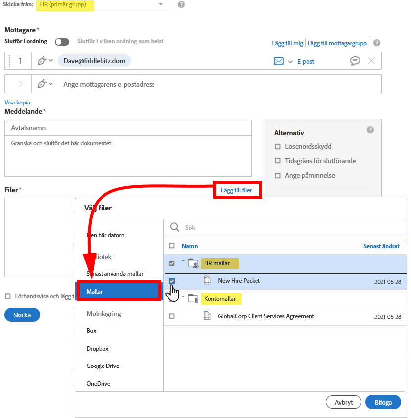 Koppla ett biblioteksdokument till ett avtal