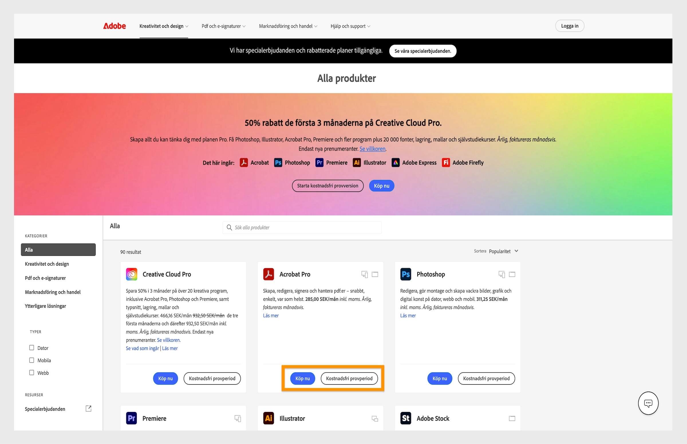 Adobes produktkatalogsida visar prenumerationsalternativ för Creative Cloud med priser och nedladdningslänkar.