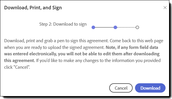 反白顯示「下載」按鈕的「下載、列印與簽署」面板。